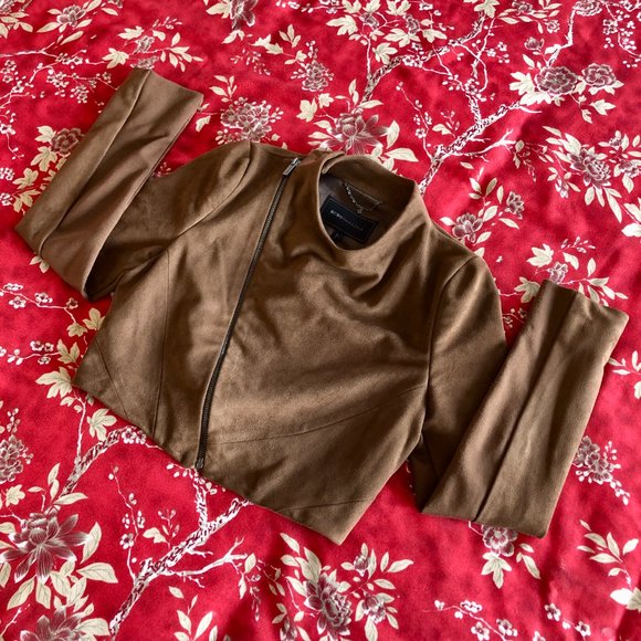 BCBGMaxAzria Vintage Cropped Vegan Suede Toffee Brown Moto Jacket - Size XXS - Picture 8 of 15